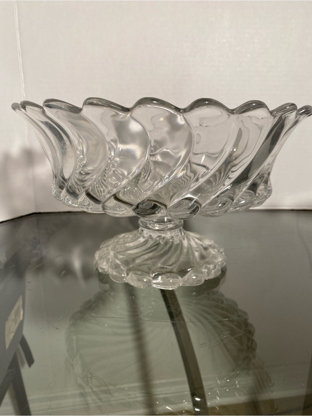 Vintage Fostoria “Colony" pattern clear scalloped glass, footed compote bowl.